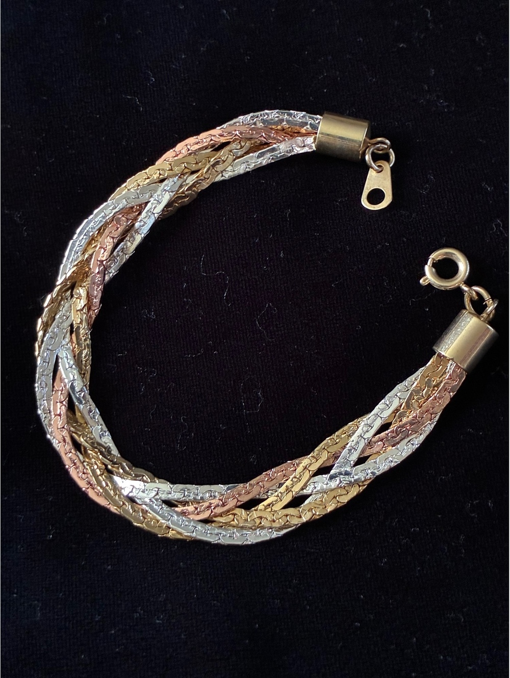 Mixed Metal Gold, Rose & Silver Tone Twisted Woven Mesh Statement Bracelet 7.5"
